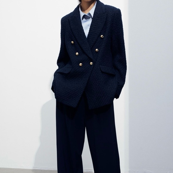 H&M Double Breasted Blazer Textured Woven Fabric Navy Blue LIKE NEW EUC - Picture 5 of 10